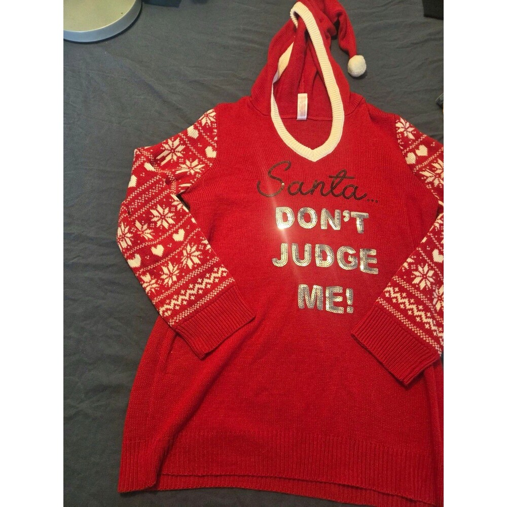No Boundaries Womens Red Fair Isle Hooded Sequin Santa V-Neck Pullover 3XL